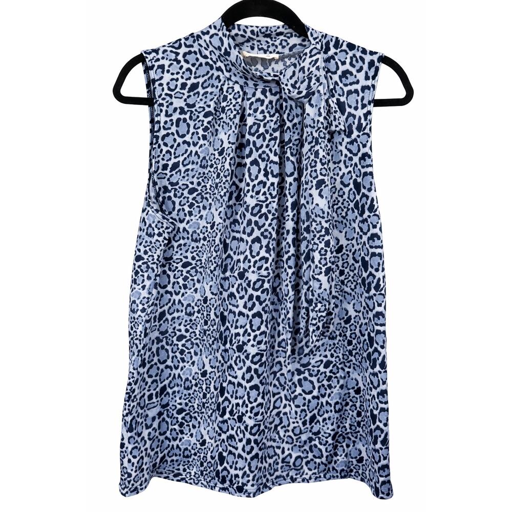 Tiffany & Grey Petite XL Blue‎ Leopard Tie Neck Sleeveless Officecore Blouse